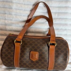Celine Vintage Brown Macadam and Tan Mini Boston Bag
